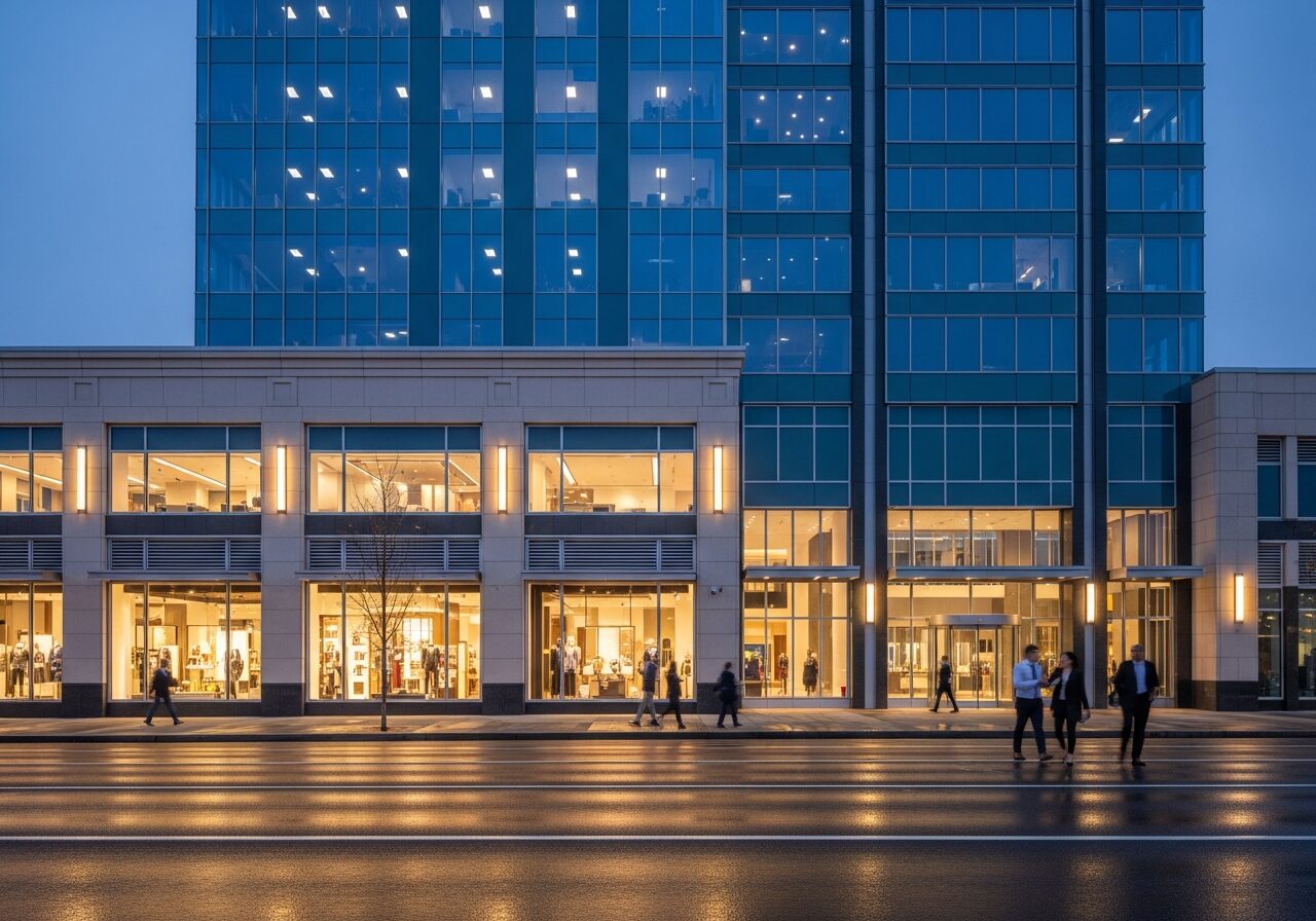 Modern mixed-use commercial building with glass office tower above lit retail storefronts at dusk