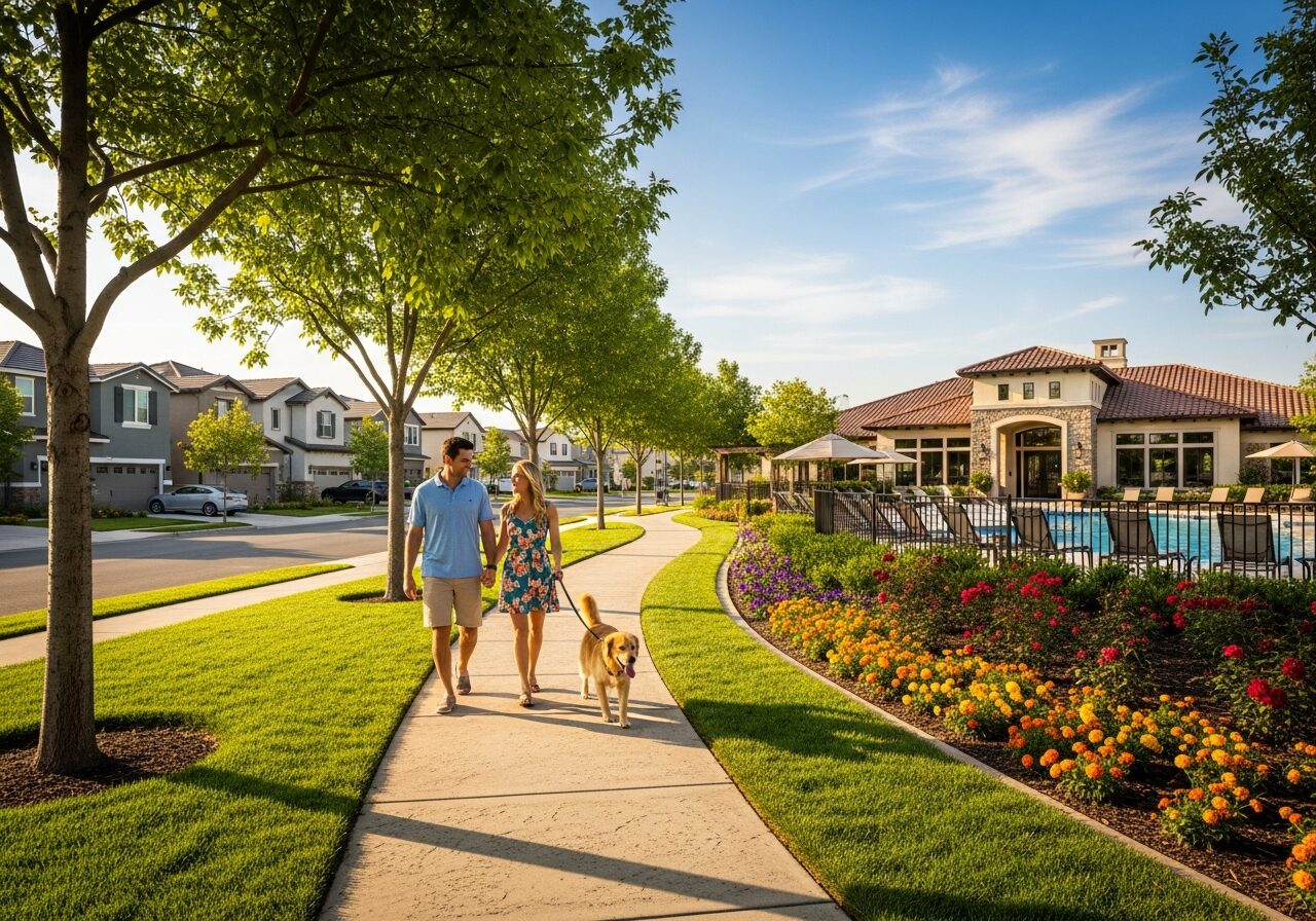 Planned residential community with a clubhouse, pool area, and homeowners walking a dog along a landscaped path