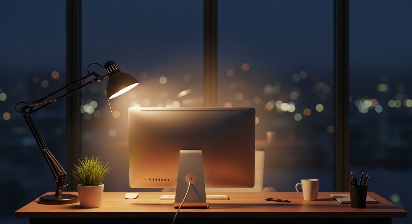 Office desk glowing after hours, work continuing around the clock