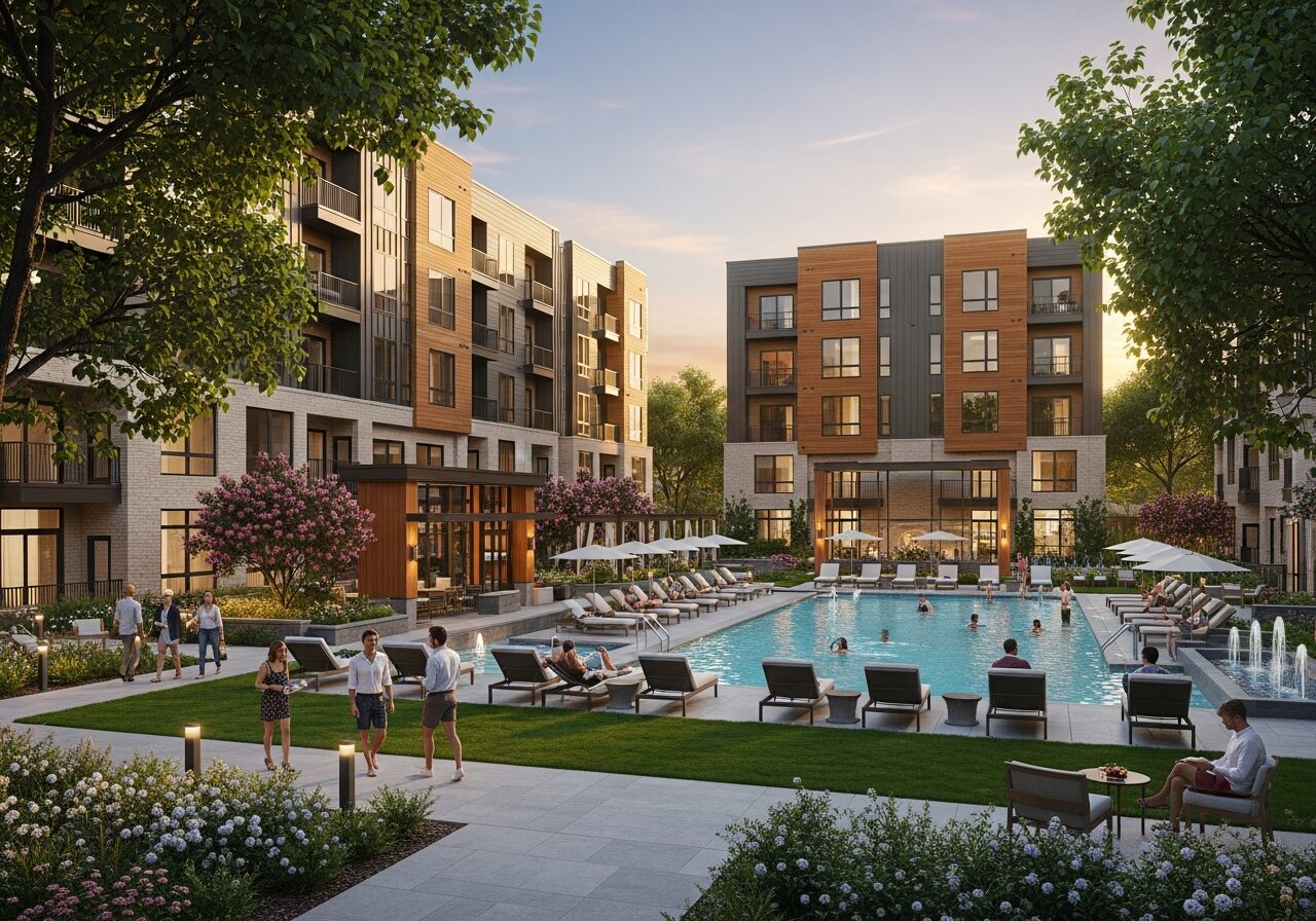 Modern multifamily apartment community with a courtyard pool at golden hour