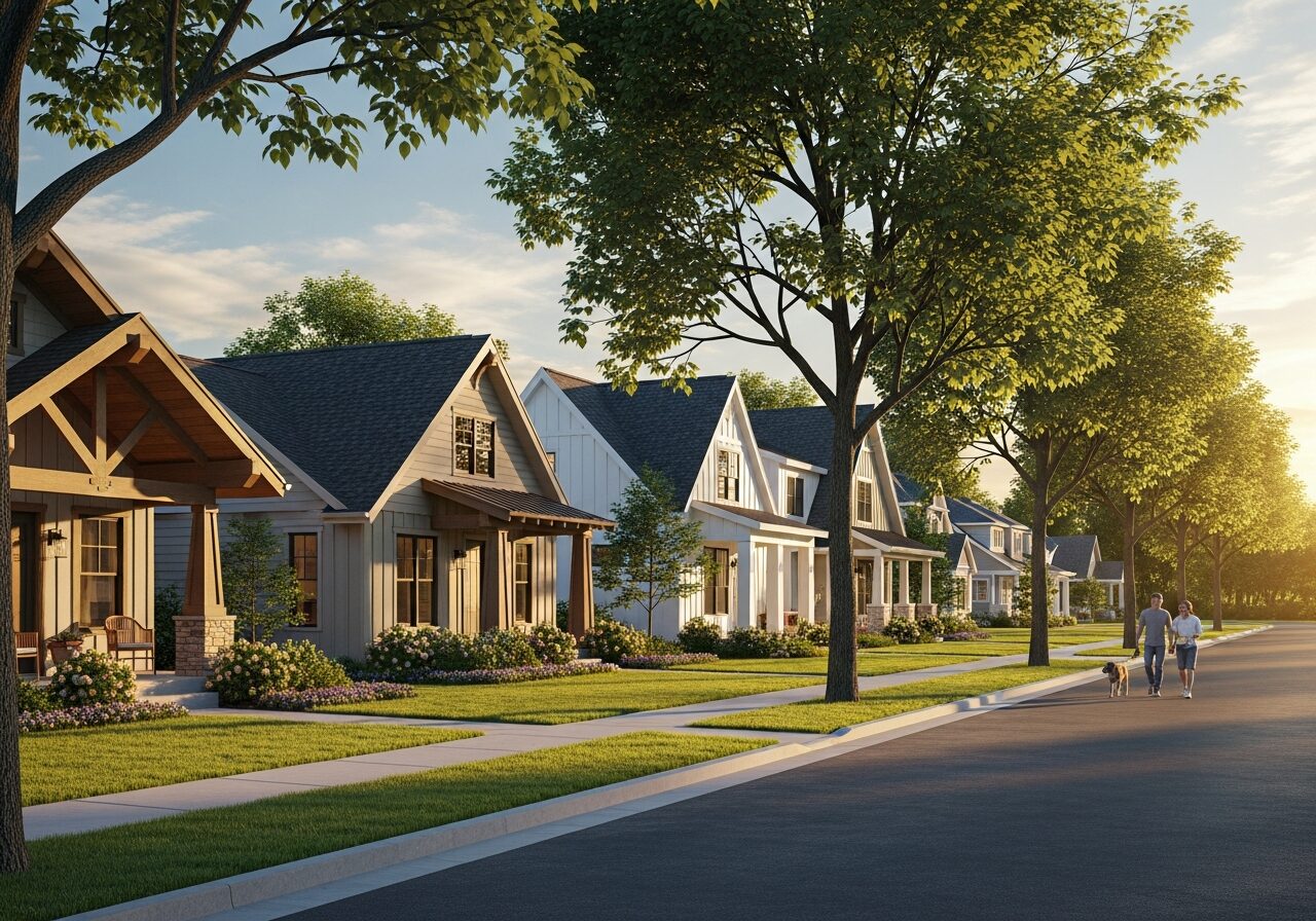 Quiet suburban street of single-family rental homes in warm evening light